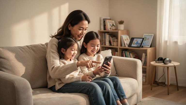 Mother sitting with two children on a couch while helping them use a smartphone with educational apps.