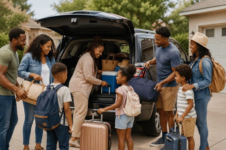 Multiple families loading luggage into an SUV before a multi-family road trip