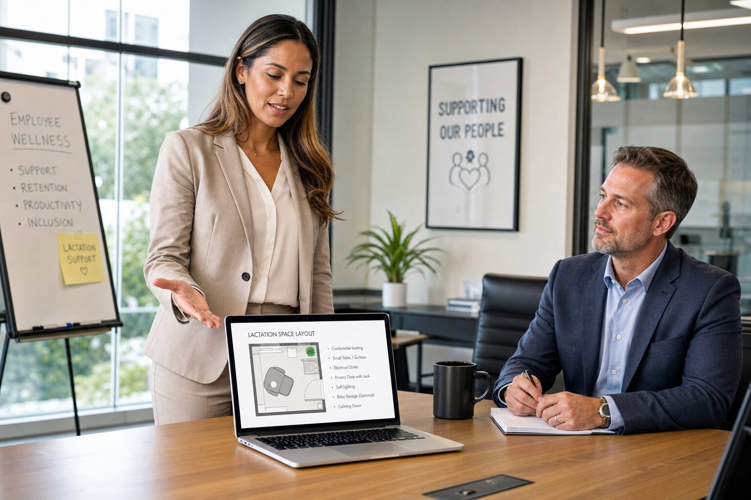 Woman presenting a workplace lactation room layout during an office meeting.