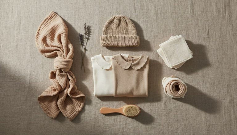 Flat lay of organic cotton baby clothes, a knit hat, swaddle, washcloths, and baby brush on neutral fabric.