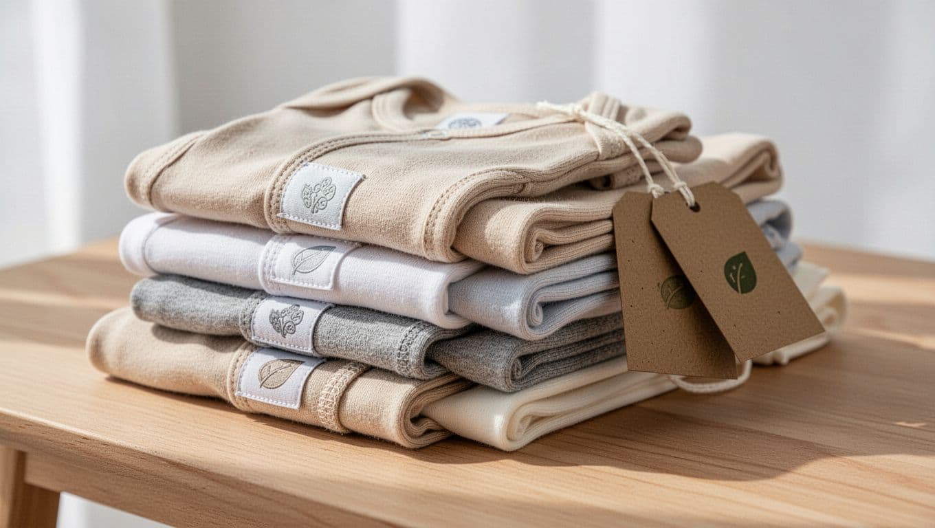 Folded organic cotton baby clothes with fabric labels and eco-friendly tags on a wooden surface.