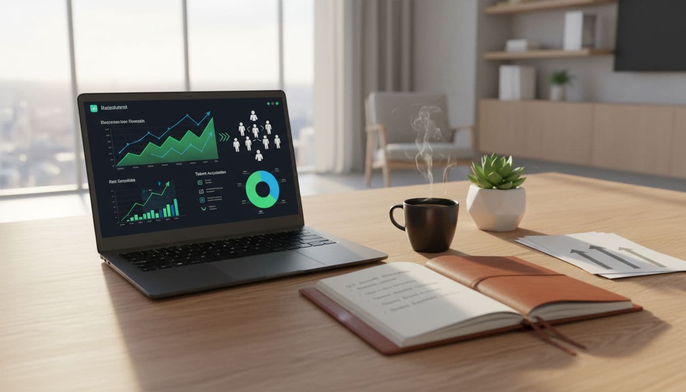 laptop showing hiring analytics with notebook and coffee on organized desk