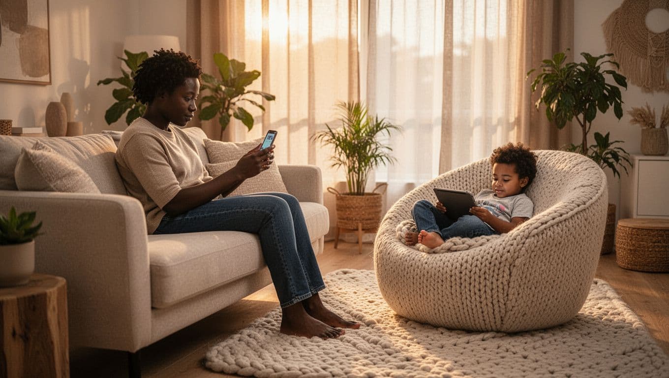Parent reviewing smartphone settings while child uses a tablet responsibly in a calm family living room.
