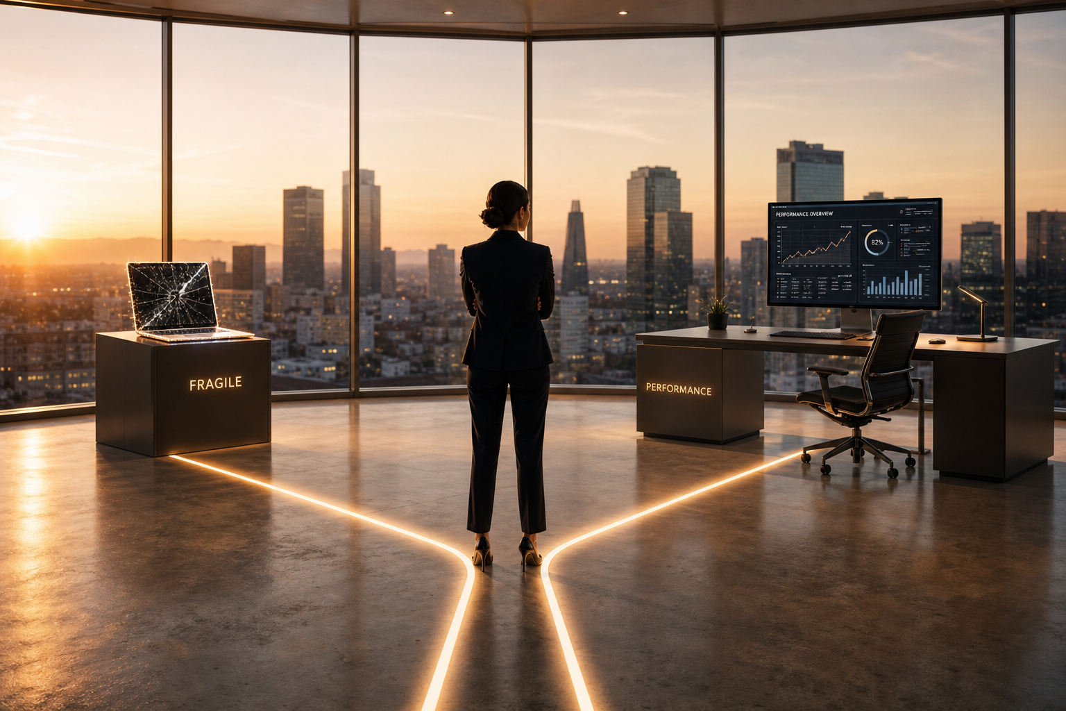 Businesswoman considering technology investment choices in a modern office overlooking a city skyline.