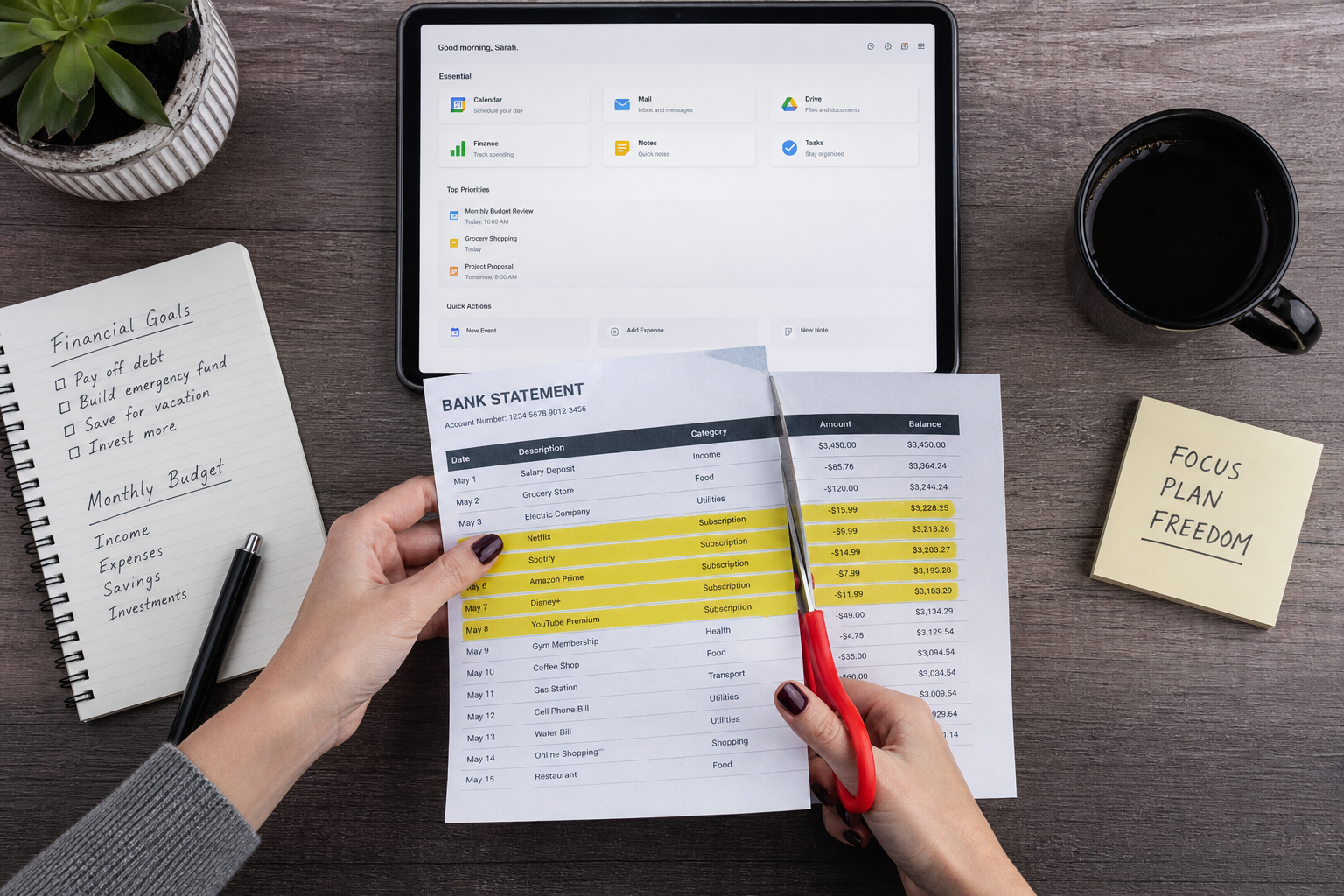 Person reviewing bank statements and monthly subscription expenses with a tablet nearby.