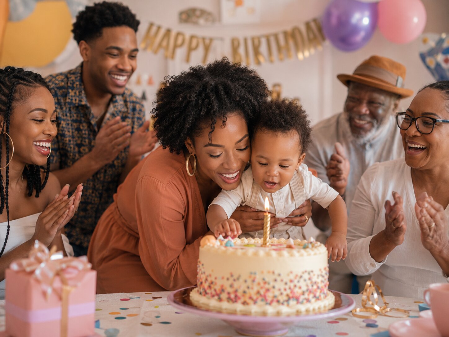 Black mother and child celebrating a birthday with family gathered around a cake at home.