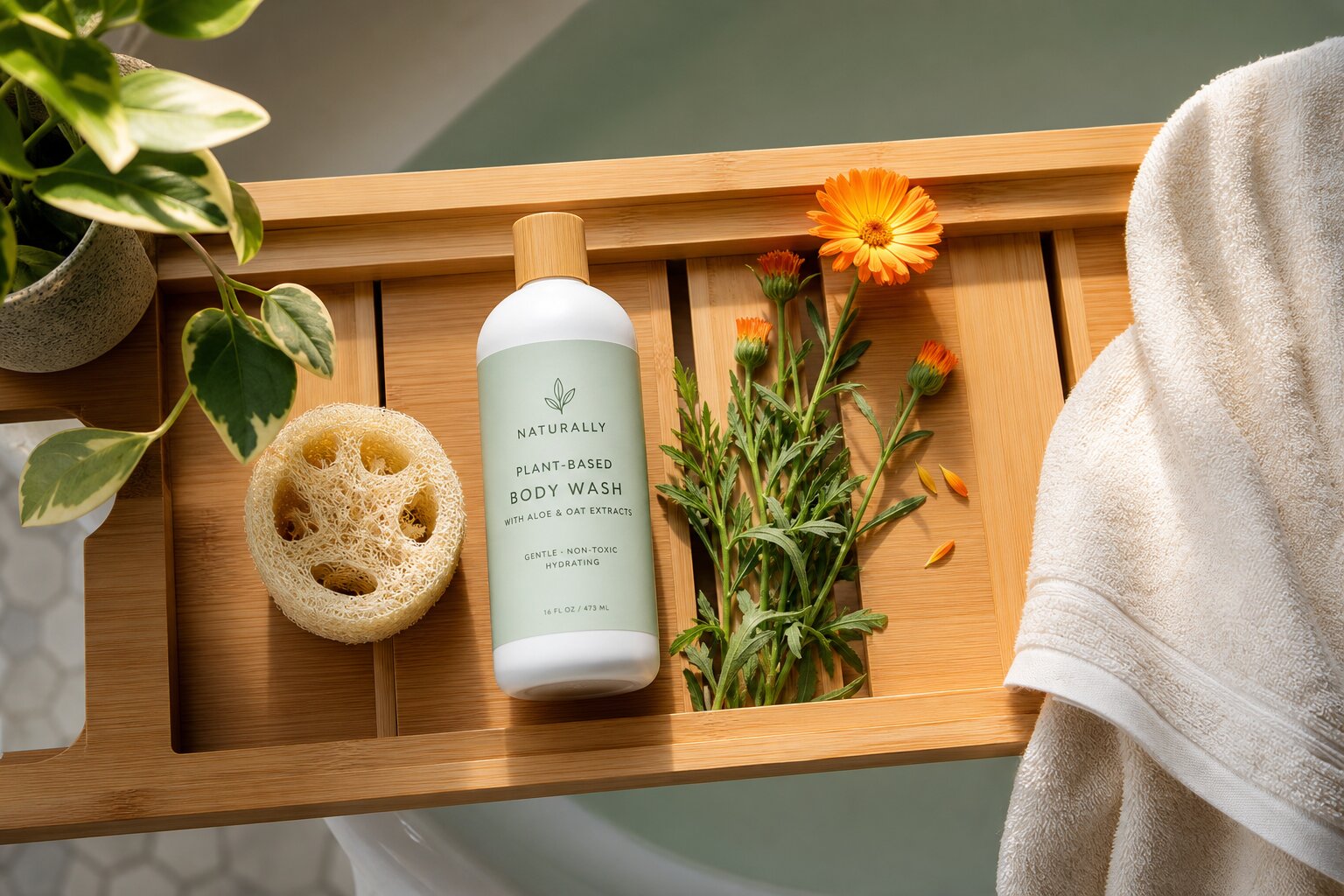 Plant-based body wash bottle with natural bath items, flowers, and a towel.