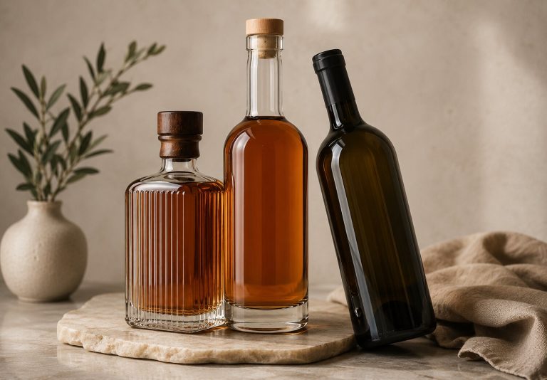 Elegant glass bottles displayed on a neutral surface for premium product packaging.