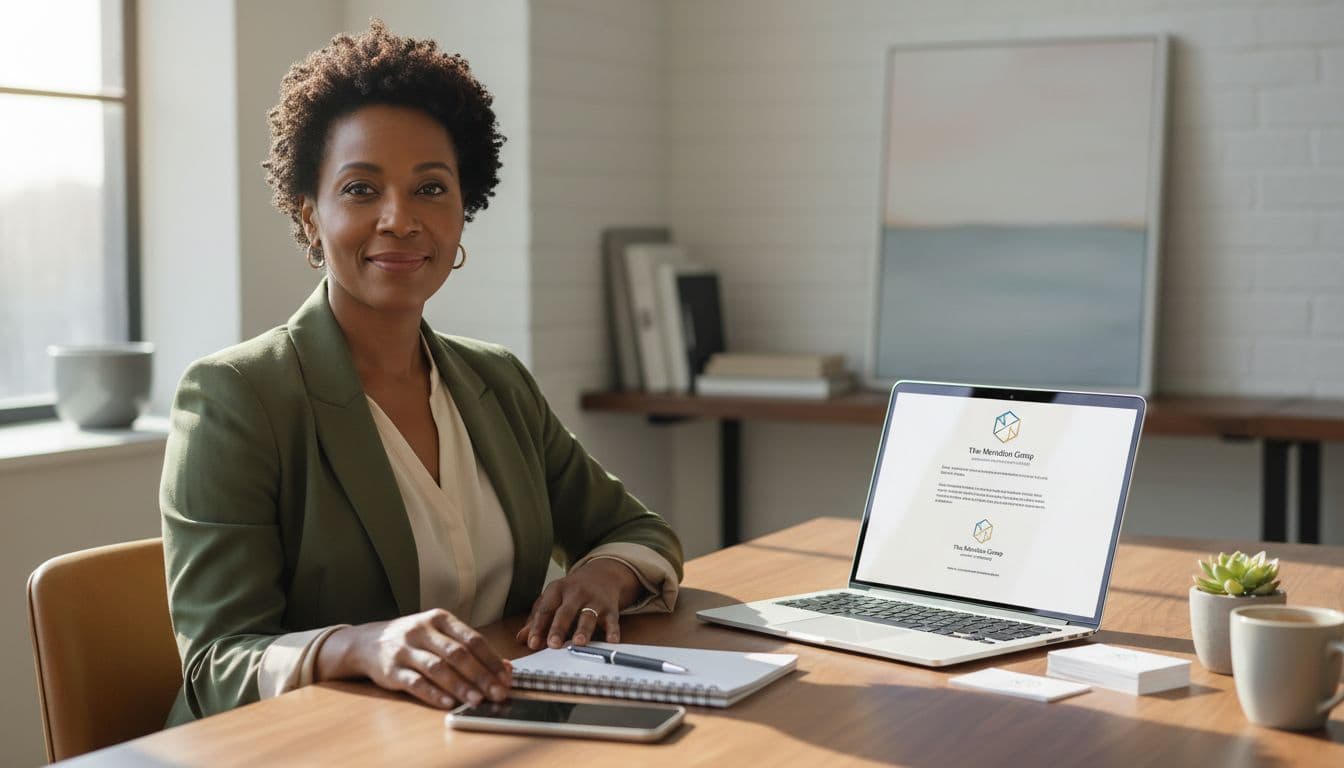 Woman business owner sitting at a desk with a laptop showing professional email communication.