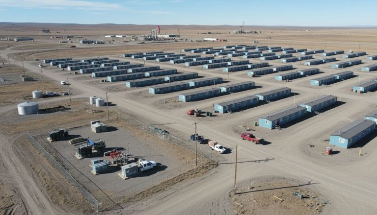 Large remote workforce housing camp with modular cabins, work trucks, utility tanks, and gravel roads.