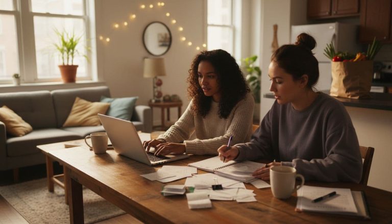 Two women sitting at a table in a cozy apartment reviewing bills and working on a household budget together.