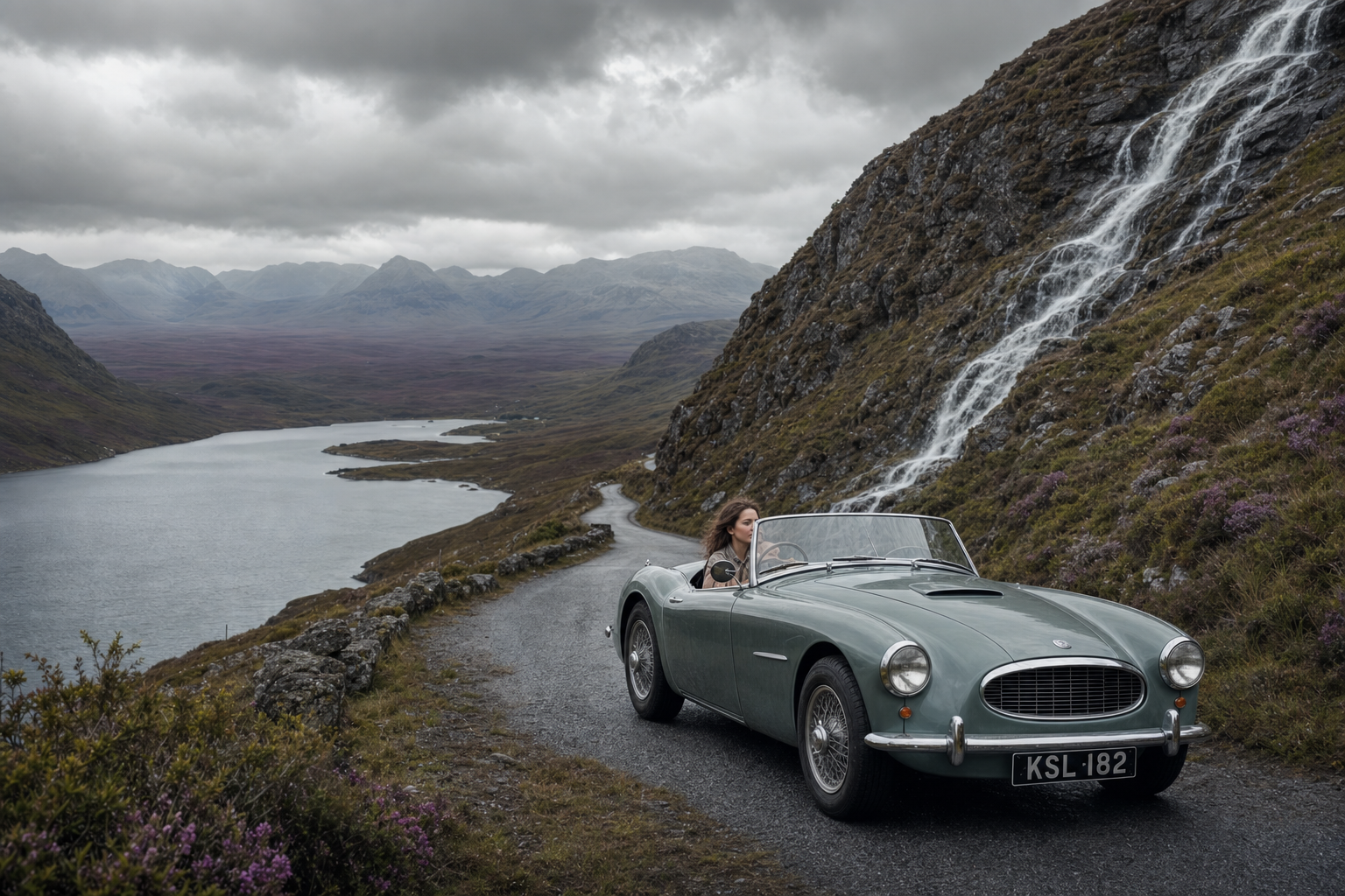 Vintage car driving along scenic mountain road with waterfall.