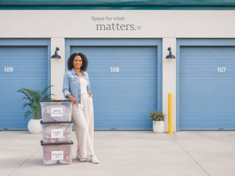 Black woman standing beside labeled seasonal storage bins outside a clean storage unit facility.