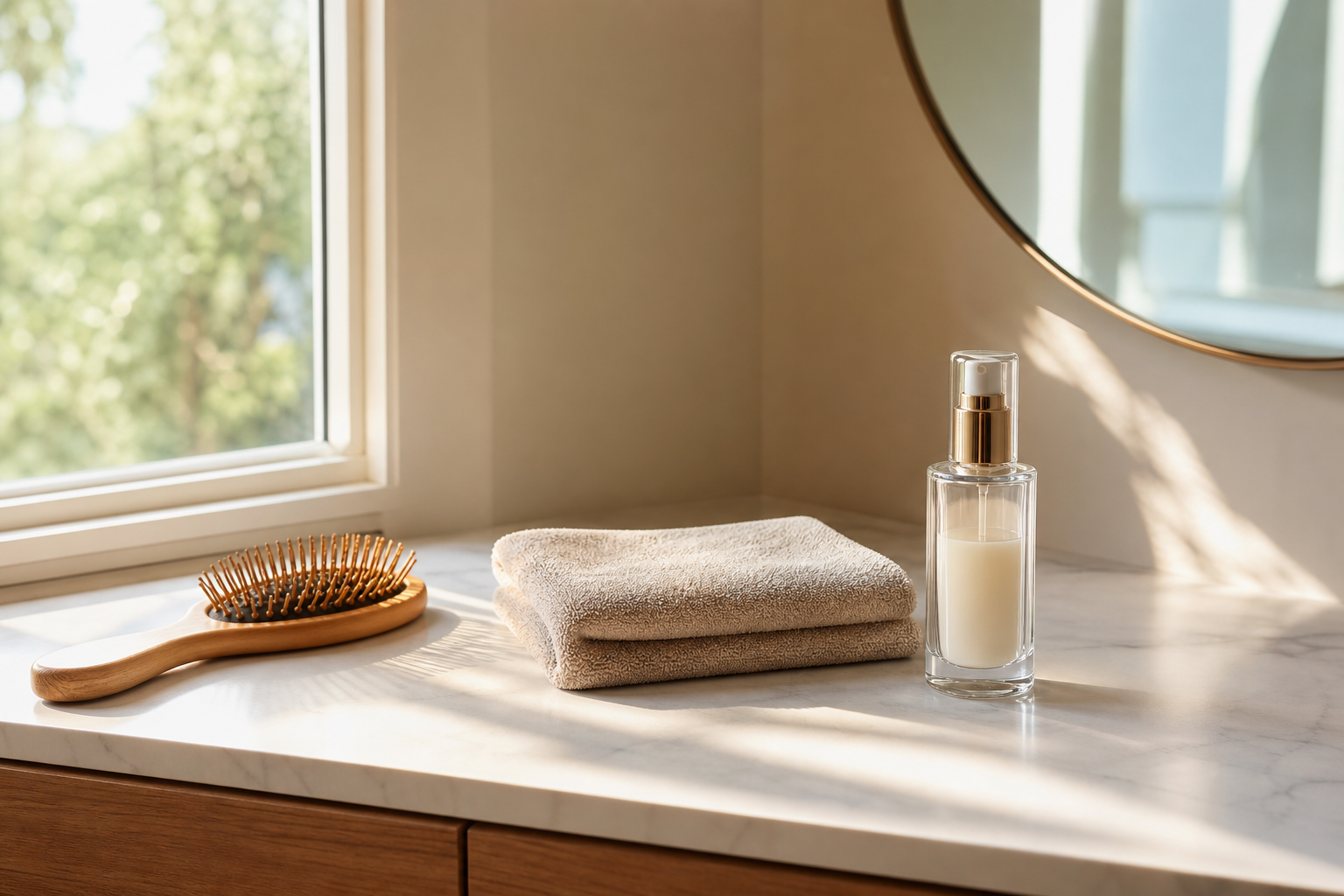 A wooden brush, a folded towel, and lotion on a bathroom counter.