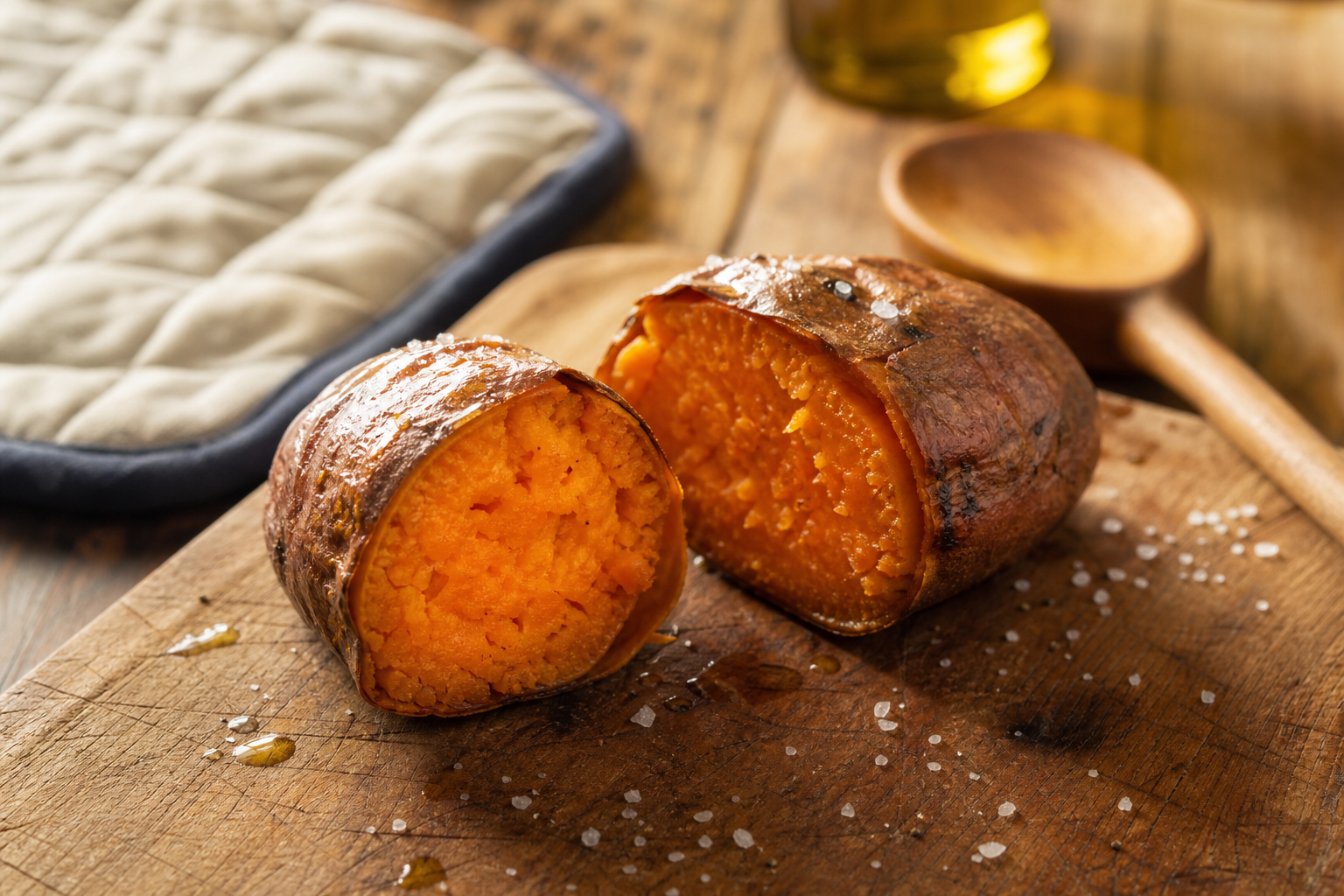 roasted sweet potato halves on a wooden board with salt