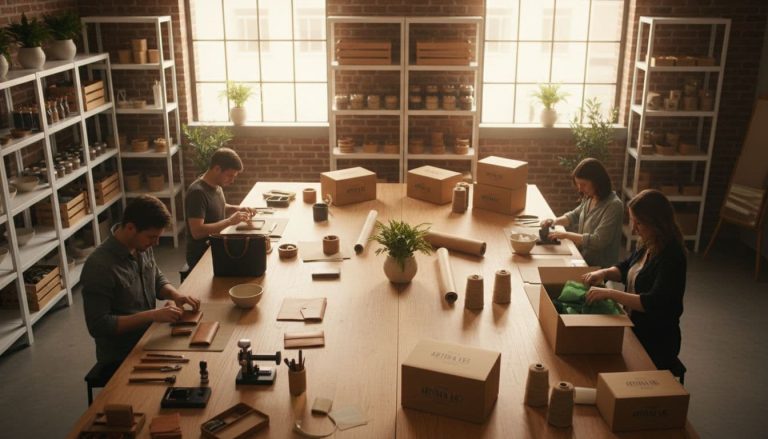 Small business team working together on product packaging and production in a modern workspace