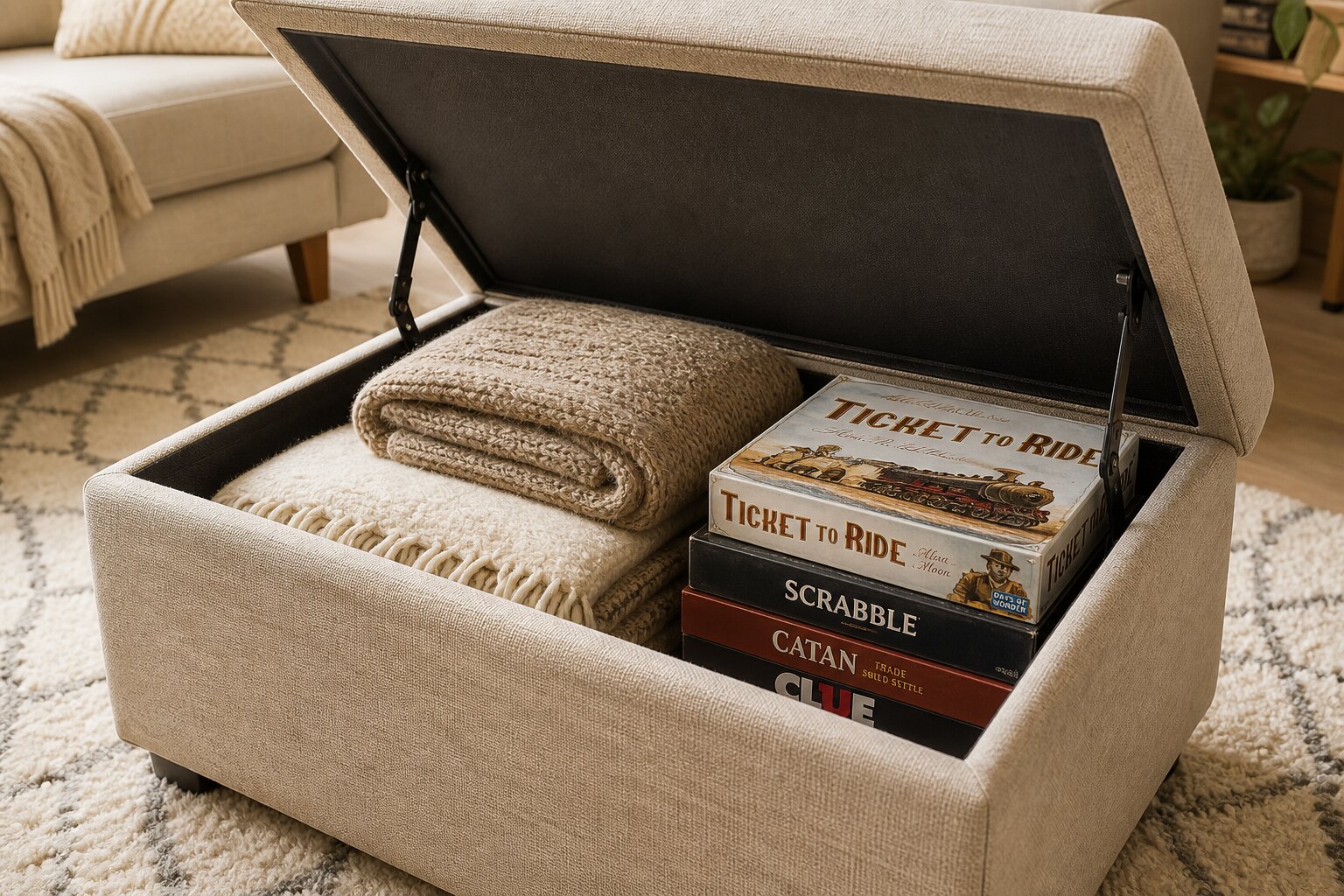 Open storage ottoman holding blankets and board games in a cozy living room.