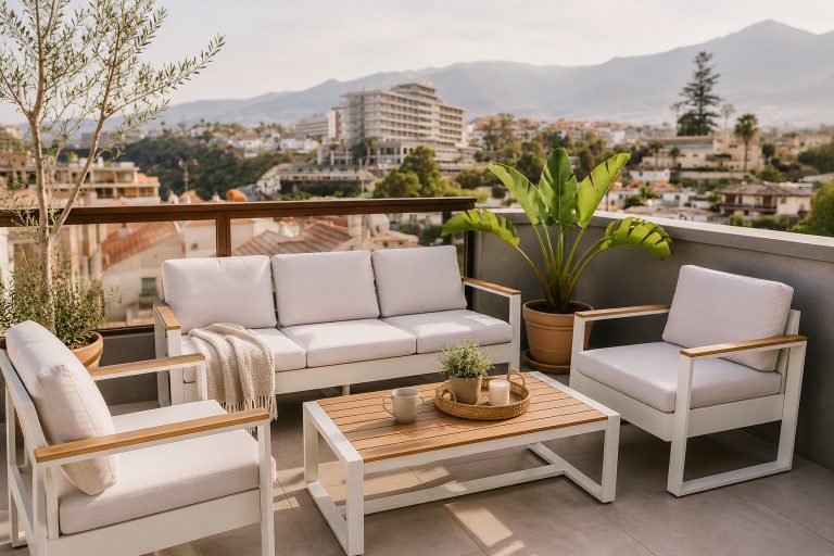 Modern outdoor balcony with stylish patio furniture, plants, and scenic city views