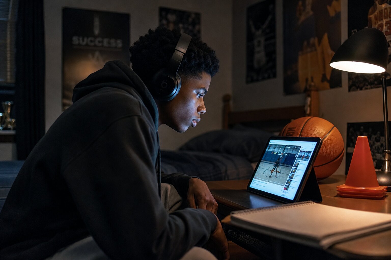 A young man focused on watching a basketball video on a tablet