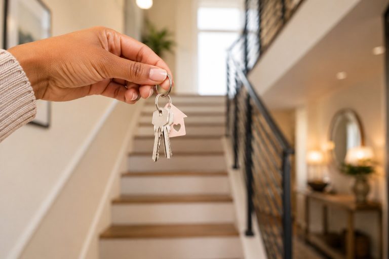 Black woman holding house keys inside a modern rental property with a staircase in the background.