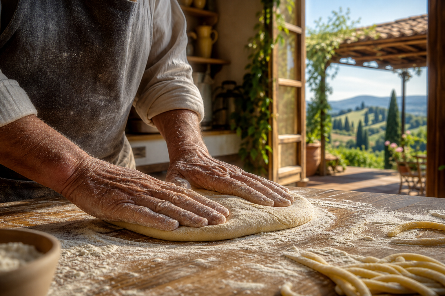 Hands kneading dough in a sunlit kitchen with a scenic view.