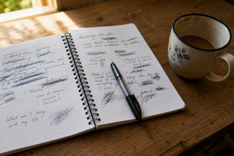 Notebook with scribbled thoughts beside a coffee mug.
