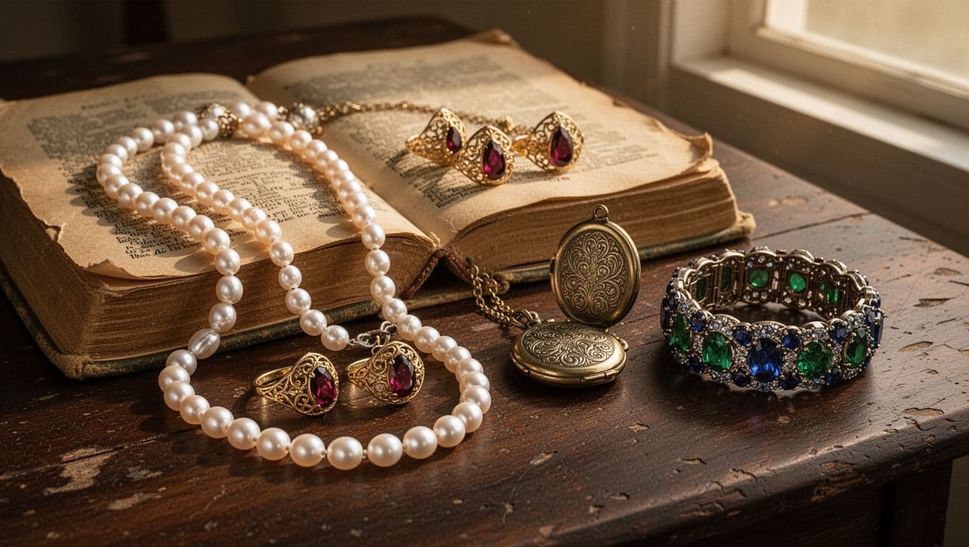 Vintage pearl necklace, gemstone bracelet, and antique jewelry displayed on an open old book.