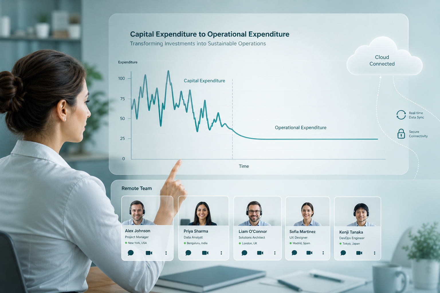 Woman reviewing operational expenditure and cloud migration data on a digital dashboard.