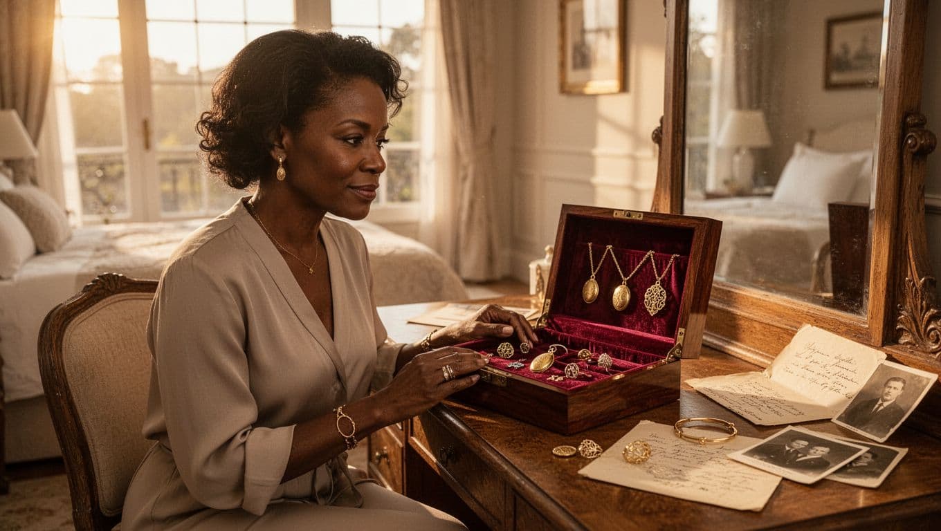 Woman looking through a jewelry box filled with heirloom necklaces, rings, and meaningful keepsakes.