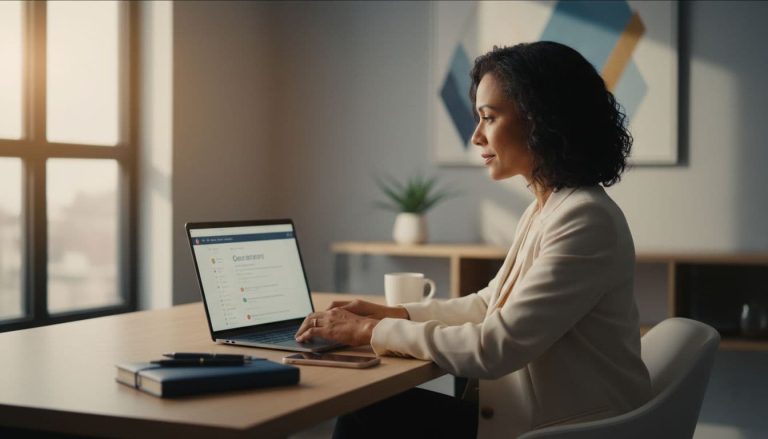 Woman entrepreneur working on a laptop in a home office with an email inbox on the screen.