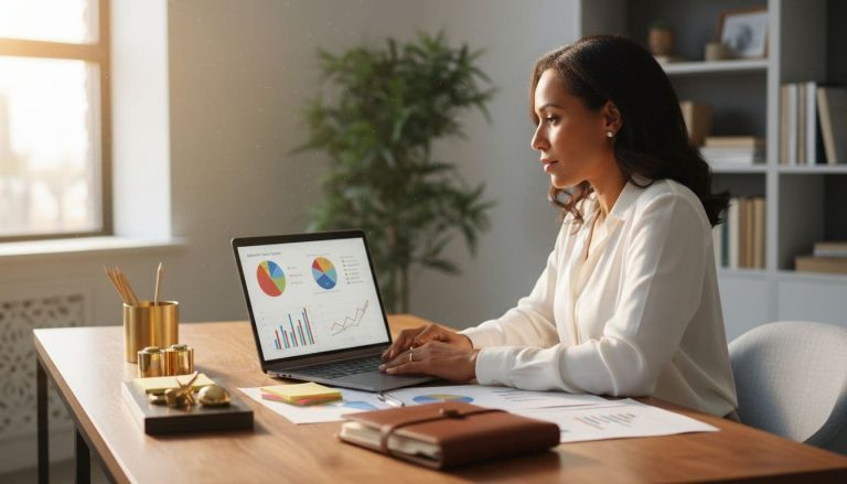 Woman entrepreneur reviewing business charts on a laptop while planning how to scale her business.