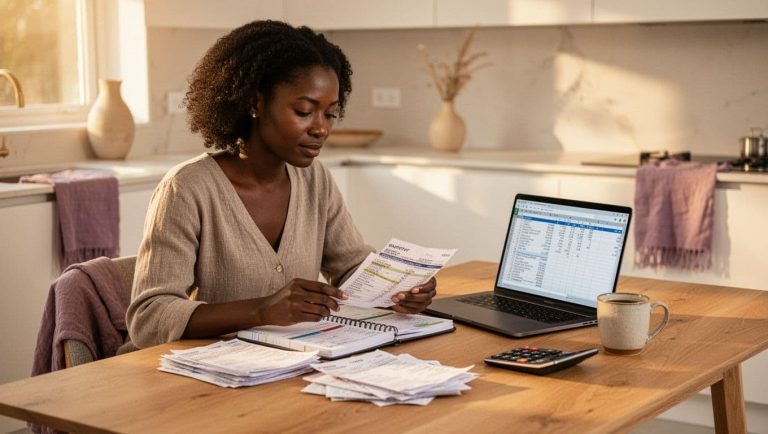 Woman sitting at a kitchen table reviewing bills, budgeting paperwork, and expenses on a laptop.