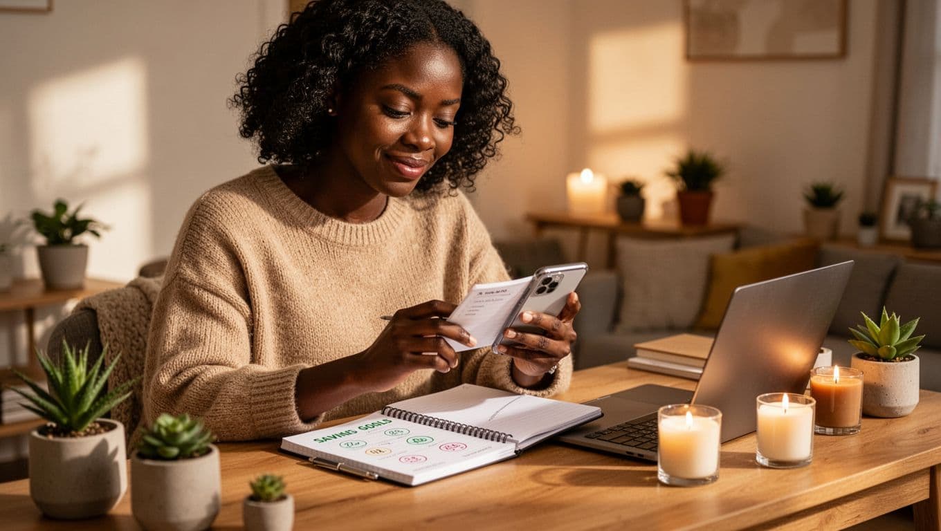 Woman using a smartphone and notebook to track savings goals and personal finances at home.