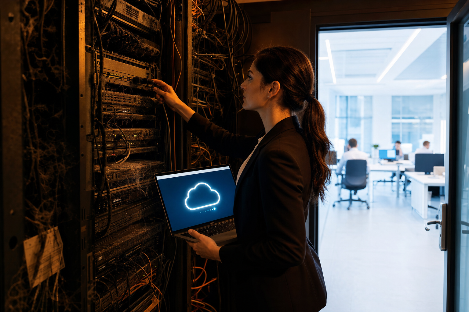 Woman managing server hardware while monitoring cloud computing systems.