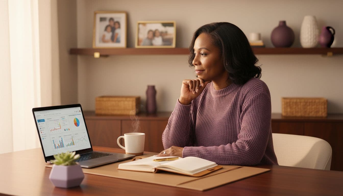 Woman reviewing retirement savings and financial charts on a laptop at a home office desk.