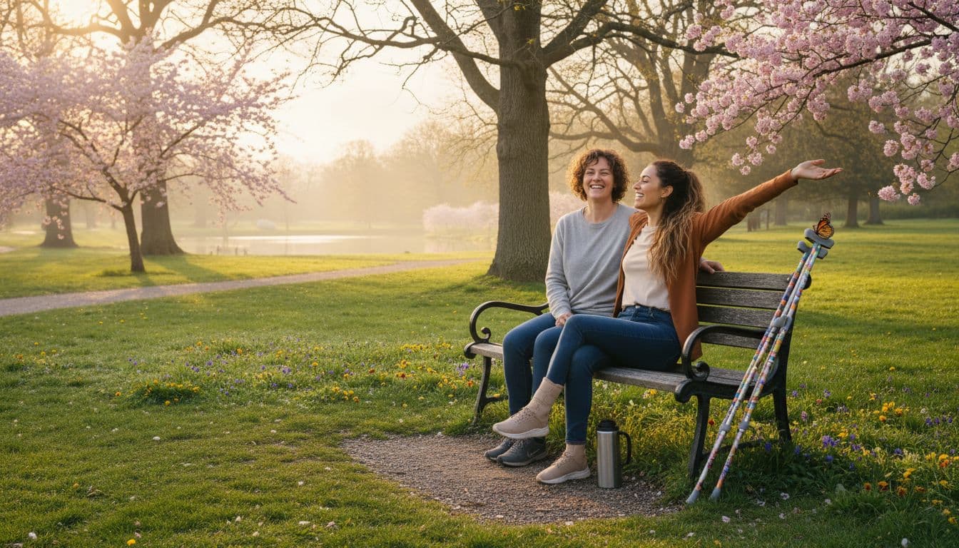 Two women relaxing on a park bench during recovery with walking poles nearby.