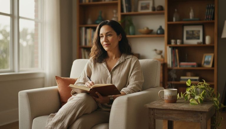 Woman over 40 sitting in a cozy chair with a journal while reflecting on her dreams and goals.