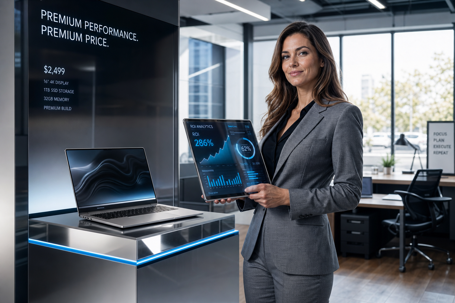 Businesswoman presenting technology performance analytics beside a premium laptop.