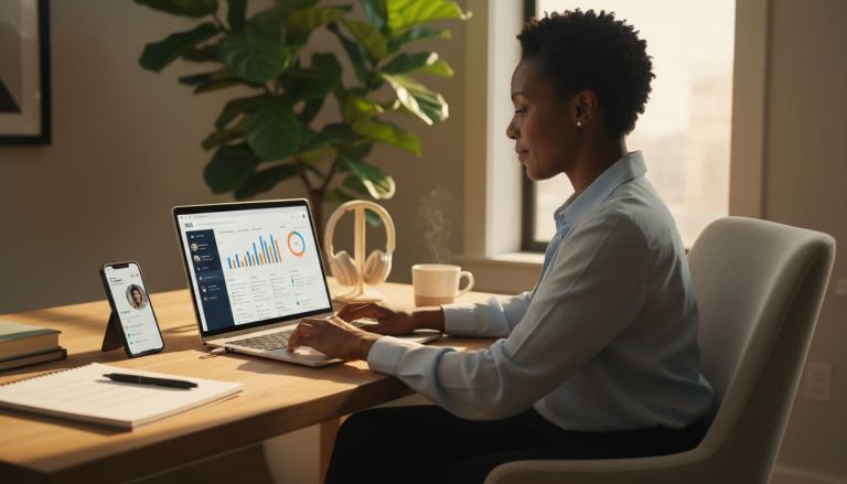 A woman working remotely on a laptop with SaaS analytics dashboards and communication tools open on screen.