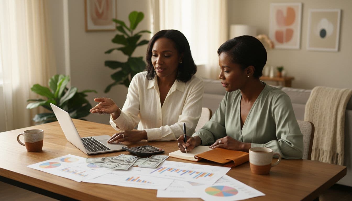 Two women sitting at a dining table reviewing financial charts, cash, and budgeting notes with a laptop and calculator.