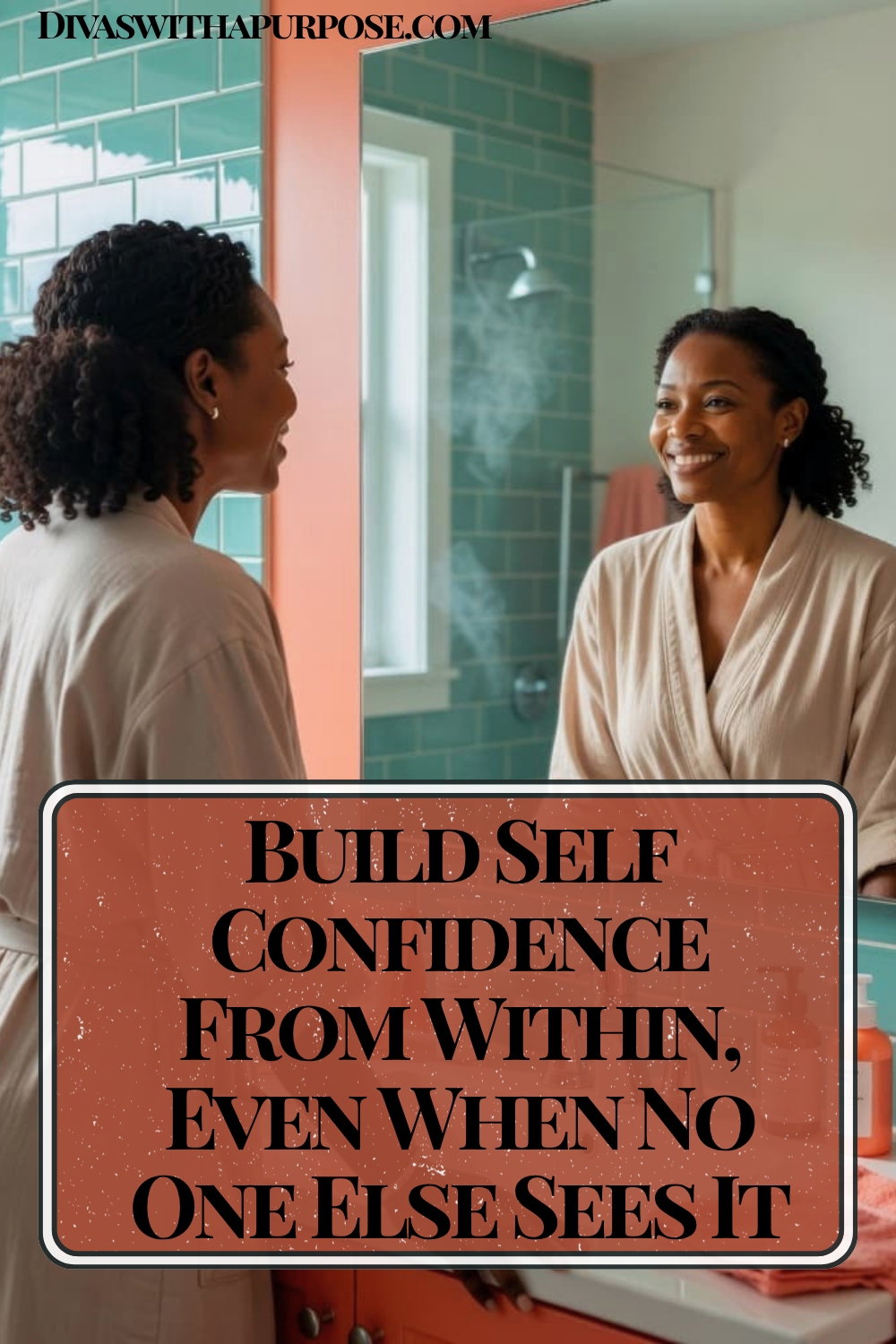 African American woman smiling at her reflection in a colorful bathroom mirror, representing self-confidence, positive self-image, and personal growth.