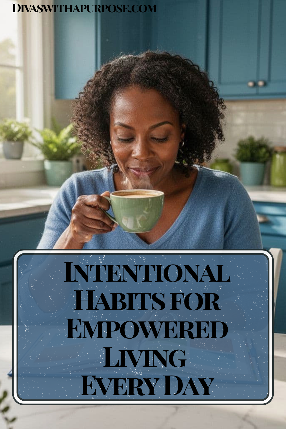 African American woman enjoying a quiet morning with a cup of coffee in a bright blue kitchen, representing intentional habits, mindfulness, and empowered daily living.