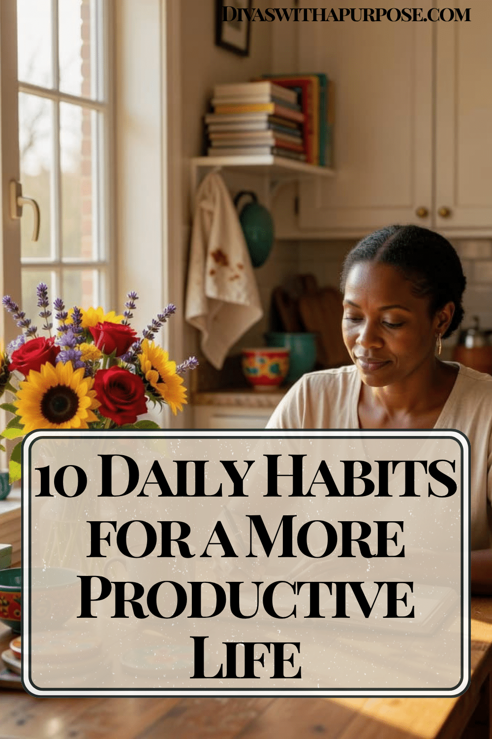 African American woman sitting at a kitchen table with a cup of coffee and colorful flowers nearby while focusing on her daily routine. Pinterest graphic titled "10 Daily Habits for a More Productive Life."