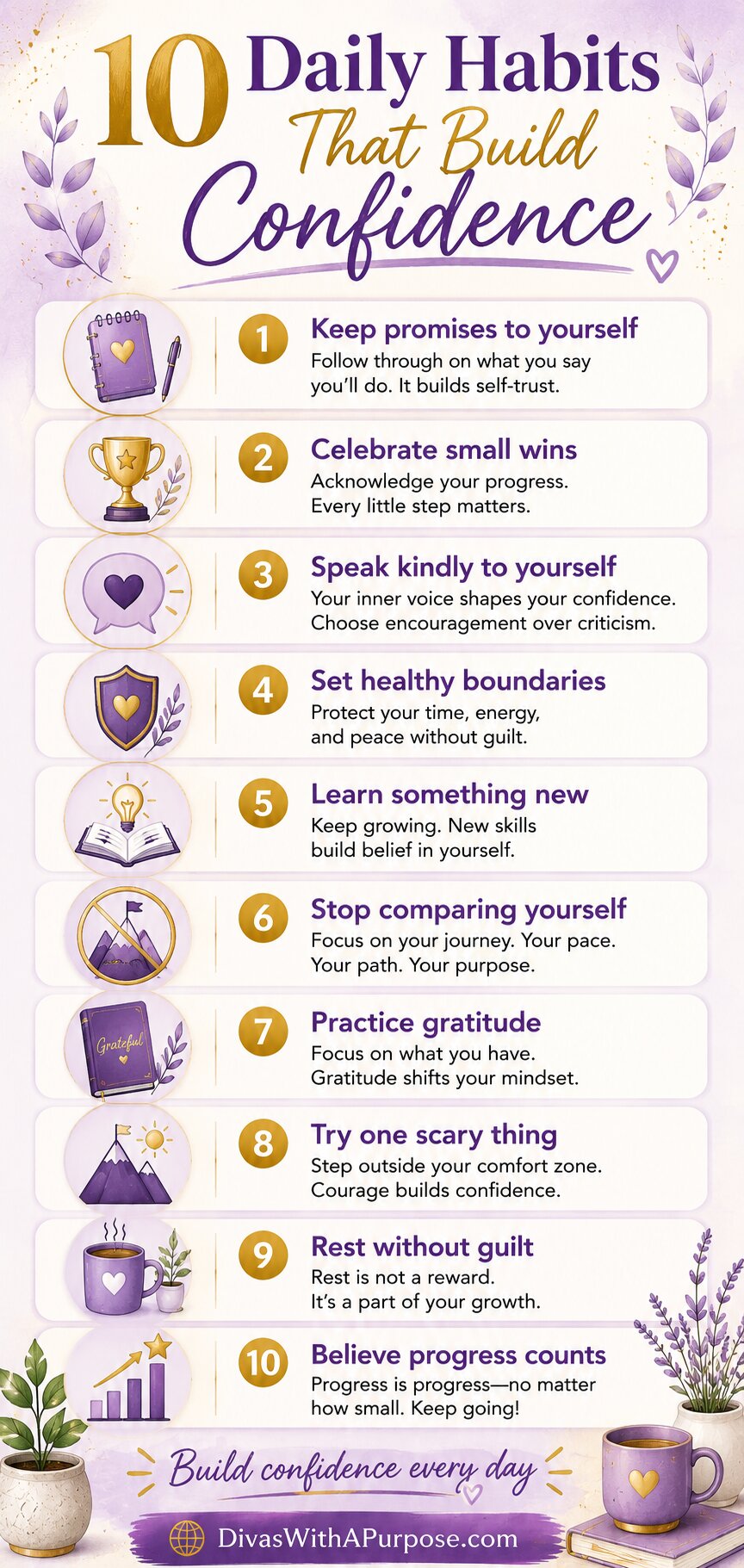 Infographic featuring ten simple daily habits that help build self-confidence and self-trust.
