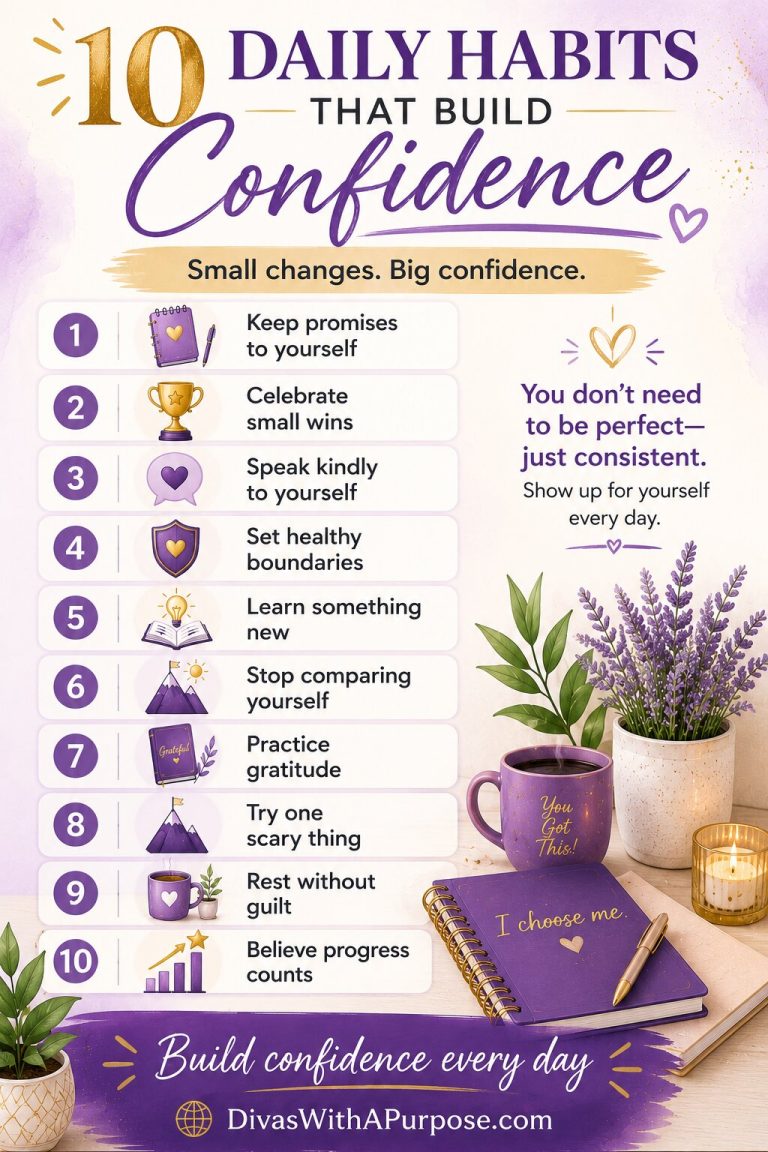 Pinterest infographic sharing 10 daily habits to help you be more confident in yourself, including setting boundaries, celebrating progress, practicing gratitude, and building self-trust.