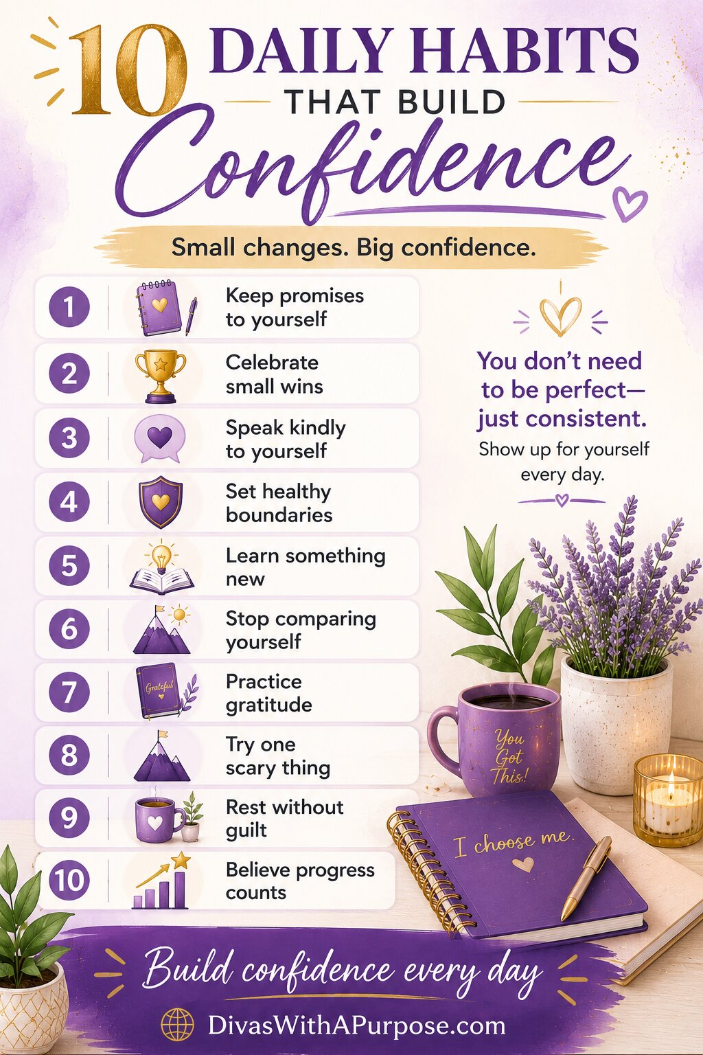Pinterest infographic sharing 10 daily habits to help you be more confident in yourself, including setting boundaries, celebrating progress, practicing gratitude, and building self-trust.
