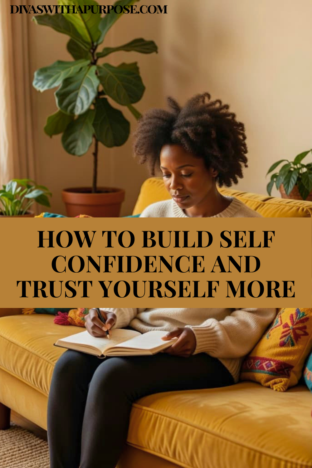 African American woman smiling at her reflection in a colorful bathroom mirror, representing self-confidence, positive self-image, and personal growth.