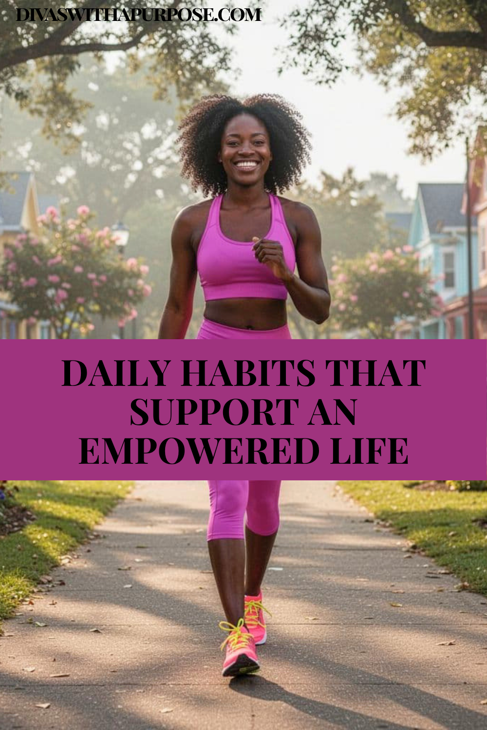 African American woman in bright pink workout clothes walking confidently through her neighborhood, illustrating healthy habits, wellness, and an empowered lifestyle.