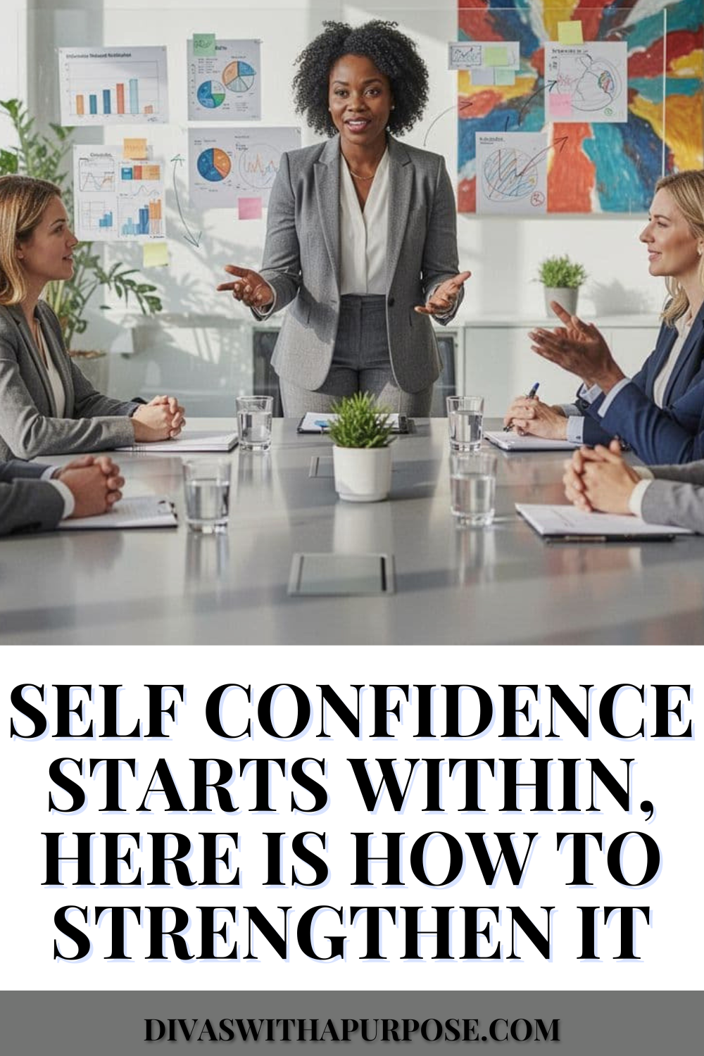 African American woman smiling at her reflection in a colorful bathroom mirror, representing self-confidence, positive self-image, and personal growth.