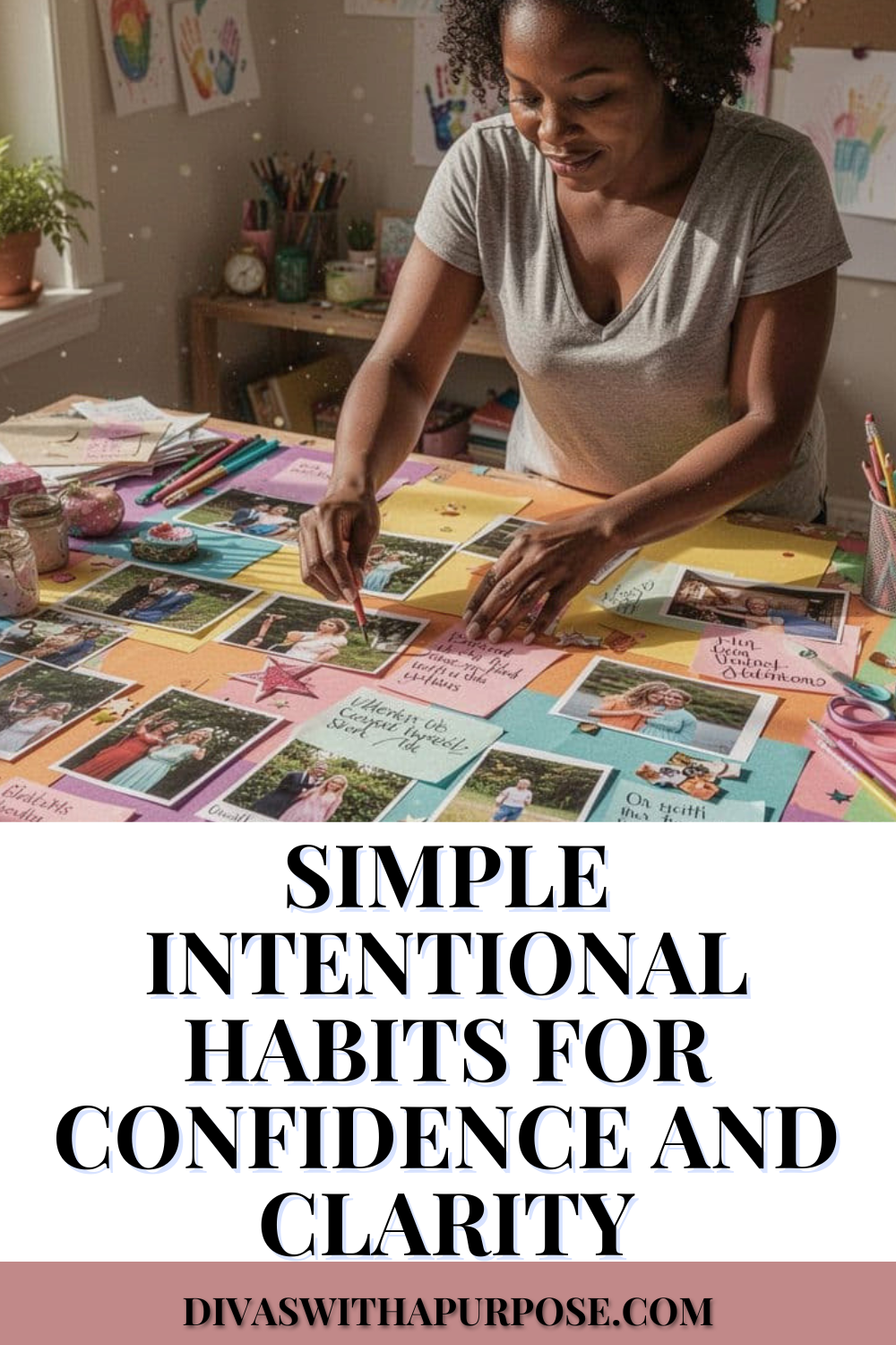 African American woman creating a colorful vision board with photos, notes, and goals, reflecting intentional living, personal growth, confidence, and clarity.